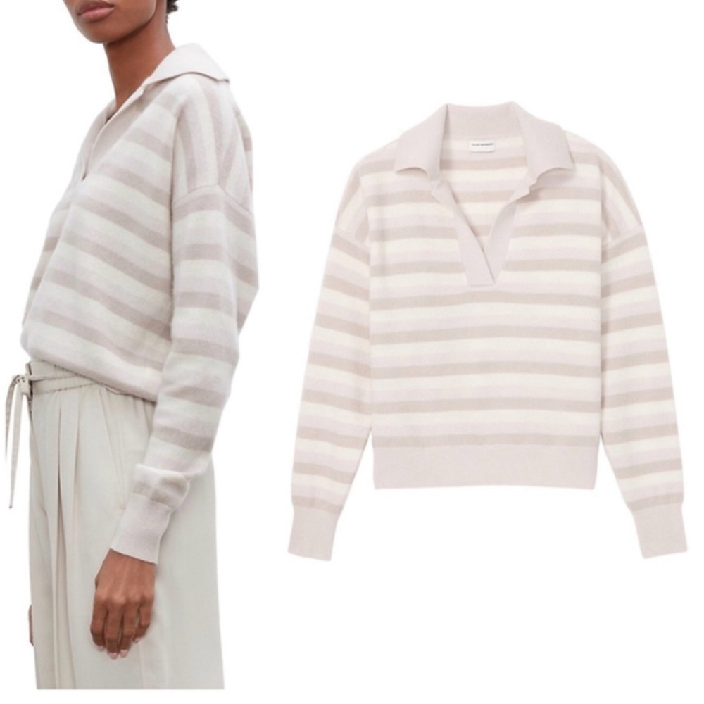 EUC | CLUB MONACO Striped Johnny-Collar Cashmere Polo Relaxed Fit Sweater. XS